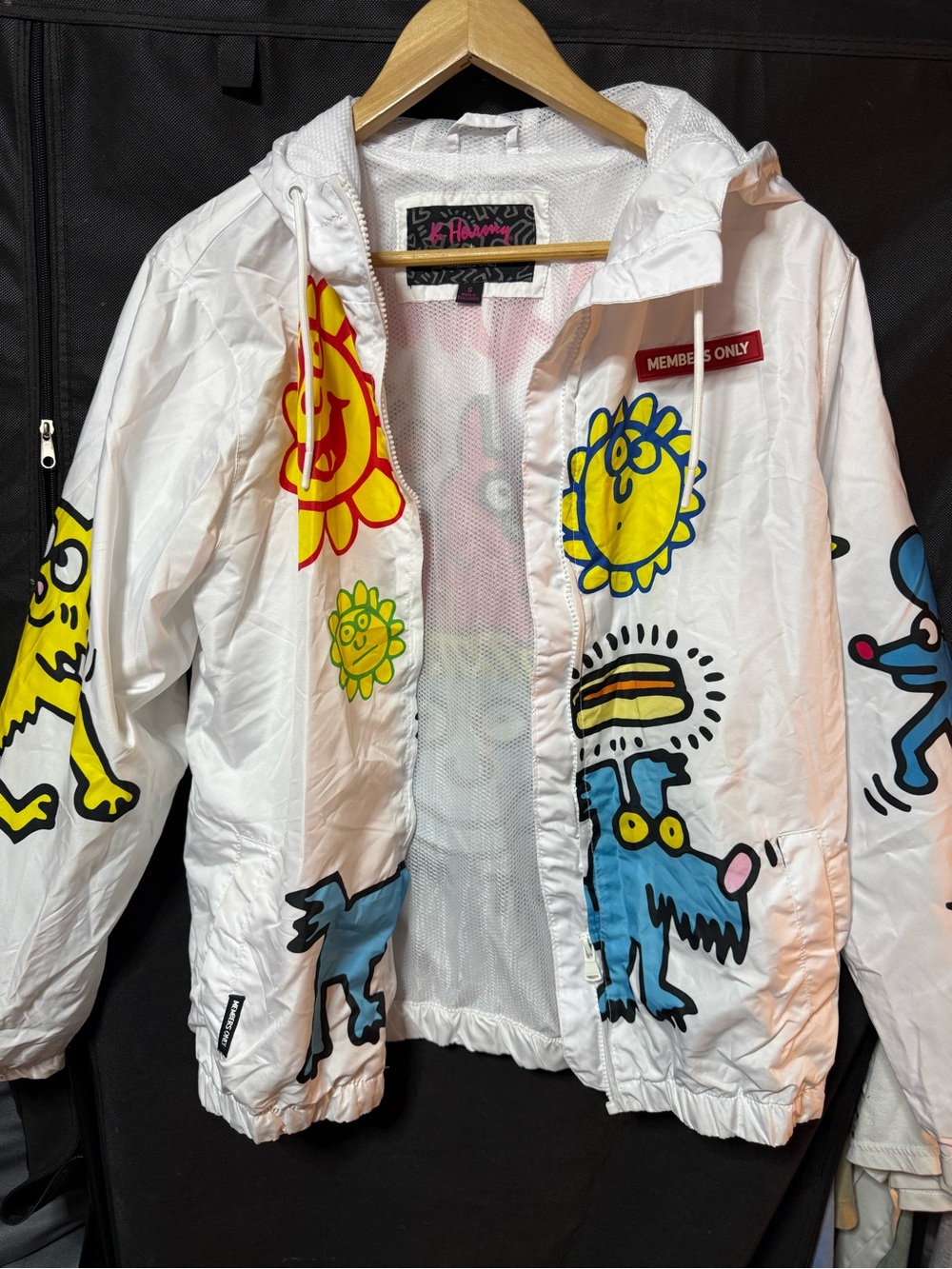 Members Only White Raincoat with Colorful Cartoon Prints